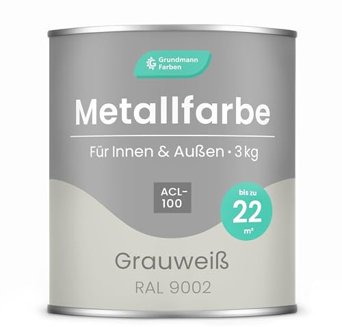 Grundmann Metallfarbe ACL 100 - Altweiss 3 Kg - Seidenmatt - 4in1 Metallschutzlack inkl. Rostschutz und Grundierung - RAL 9002 Grauweiß