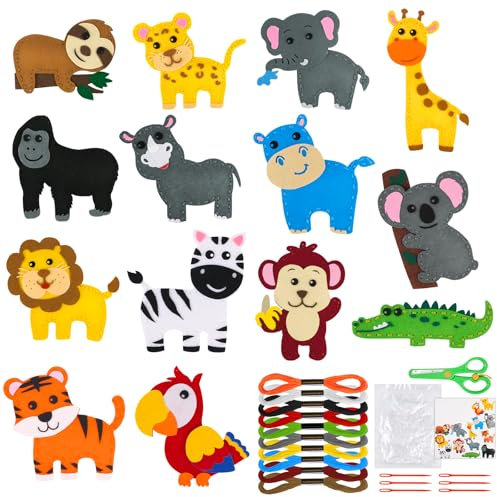 Muyohix Nähset Kinder, 14 Stück DIY Nähen Kinder Bastelset, Tierformen Filz Nähset, Filz Waldtiere Bastelset DIY Art Craft Kuscheltiere für Anfänger Jungen Mädchen 6 7 8 9 10 Jahren