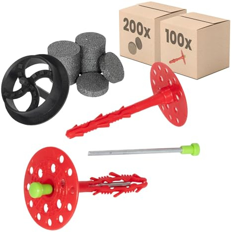 Set di tasselli isolanti PROTEKTOR Ø8x140mm con chiodo in acciaio (100 pezzi + 200 Rondelle + 1 Fresa a tazza) per isolamento ETICS e facciate, certificato ETA tasselli a impatto