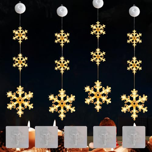 4PCS Schneeflocke Beleuchtet mit Batteriebetriebene,LED Schneeflocke Weihnachtsdeko Fenster mit Saugnapf,Weihnachten Lichter Schneeflocke mit Saugnapf,Weihnachten Schneeflocke Lichter mit Saugnapf