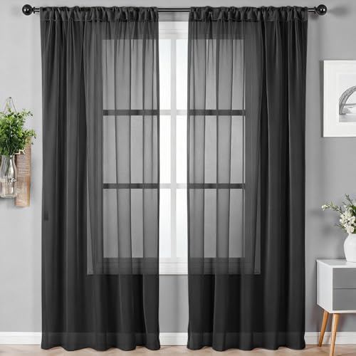 Alaoo Voile Vorhänge,2er Set Sheer Fensterschal Lichtdurchlässig, Voile Polyester,Transparent Wohnzimmer Luftig Dekoschal für Wohnzimmer Schlafzimmer 142 X 230 cm (B x H),Stangendurchzug,Schwarz