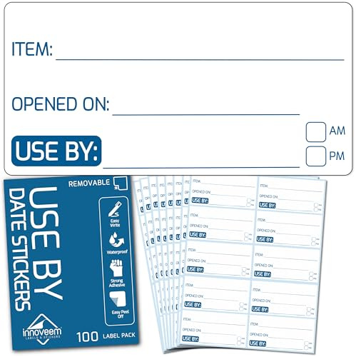 Innoveem Use By Date Stickers 100 Food Date Labels Fridge Freezer 55x27.5mm | Strong adhesive removable use by labels, opened on & expiry date labels for catering & restaurants, waterproof, tear free
