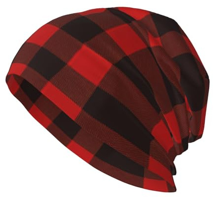 GXUNGT Strickmütze, kariert, rot und schwarz, lockere Passform, Unisex, Winter-Strickmütze, randlose Mütze, Bean-Mütze, elastische Kappe