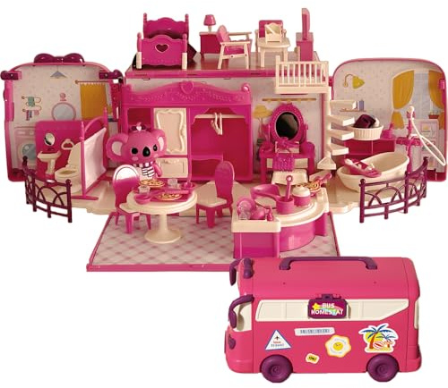 Generisch Koala Diary Puppenhaus & Wohnmobil-Spielset – Ausklappbares Ferienhaus-Bus mit Möbeln & Koala-Figur – Mobiles Kinderspielzeug mit Schlafzimmer, Wohnzimmer, Küche und Toilette