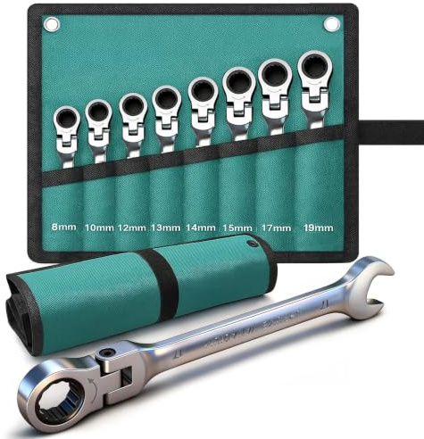 EcoBuild Jeu de 8 Clés à Cliquet Articulées, 8-19 mm Clés à Cliquet Métrique, Clé Mixte Cliquet en Acier Chrome Vanadium avec Sacoche, Kit de 8 Clés pour Réparation Auto et Vélo