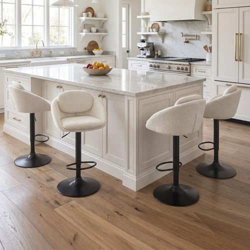 Ya-Home Barhocker 4er Set, Barstühle höhenverstellbar aus Chenille, drehbare Küchenhocker, Barstuhl mit Rückenlehne und Fußstütze, gepolsterte Tresenhocker für Esszimmer, Küche, Bar, Theke, Beige
