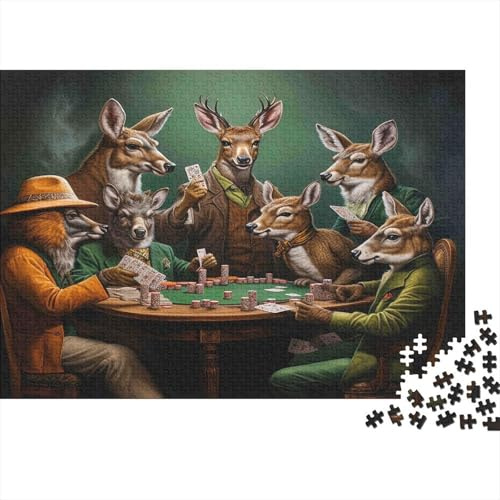Puzzle 1000 Teile Tier-Pokerspiel – Mann spielt Karten mit Kaninchen, Geschenk für Frauen & Männer, 70x50cm