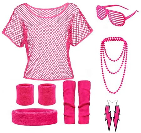 Qaestuan 80er 90er Jahre Outfit Damen Set Neon Party Outfit Kostüm | Netzoberteil Accessoire mit Stirnband Beinwärmer Armbänder Brille Halskette und Ohrring für Mottoparty Karneval Fasching