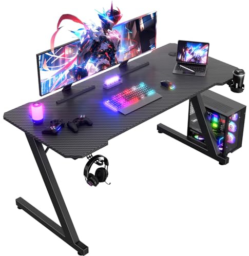 JUMMICO Gaming Desk 140 x 60 cm, Z Shaped Gaming Table Computer Desk PC Gamer Desk for Home Office, Gaming Desk with Headphone Hook, Black