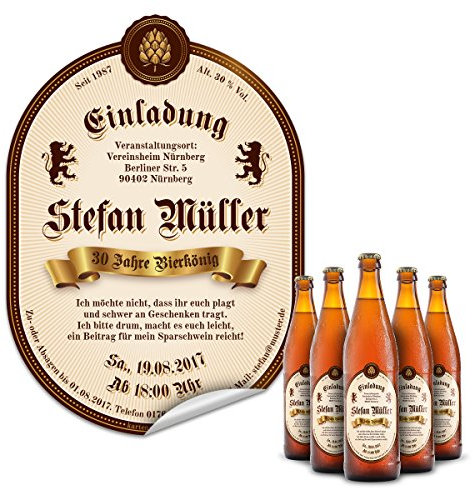 Personalisierte Flaschenetikett als Einladung (10-100 Stück) - Bier Hopfen in Braun – Bieretikett für Bierflaschen