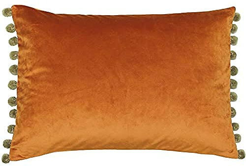Paoletti Fiesta Rectangular Cushion Cover – Faux Velvet with Pompom Edges (Rust/Khaki – 35 x 50cm)