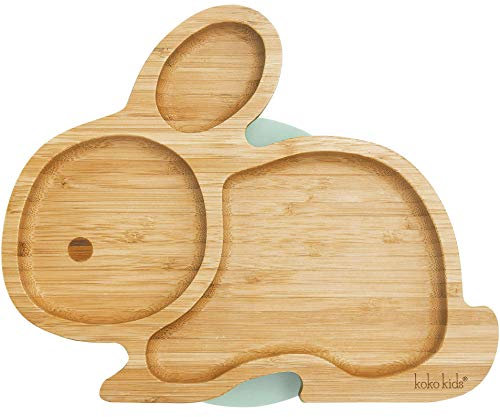 Koko Kids Assiette a ventouse en bambou ~ assiette lapin pour nourrir bébé et enfant en bas âge ~ en bambou naturel avec forte ventouse