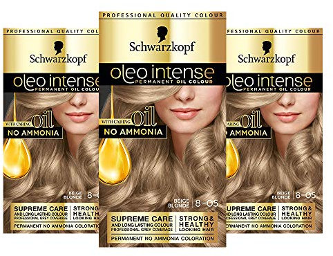 Schwarzkopf oleo intense Haarfarbe, Dreierpack, Permanente Ölfarbe, ohne Ammoniak, deckt Grau ab, Beigeblond 8-05