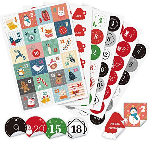 Adorfine 6 x 24 adesivi per calendario dell'avvento con numeri rotondi, a forma quadrata, diametro 4 cm, autoadesivi, per il fai da te, idea regalo