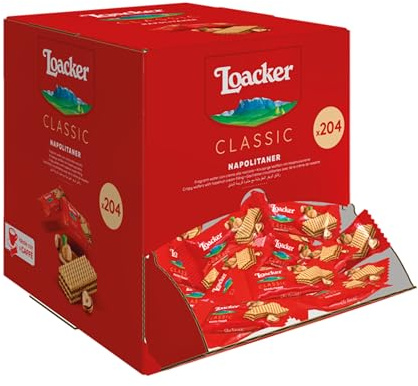 Loacker, Classic Napolitaner, Wafer Fragranti Farciti con 2 Strati di Crema di Nocciole 100% Italiane, Snack Monoporzione Ideali per Bar e Caffetterie, Confezione Convenienza da 204 Pezzi