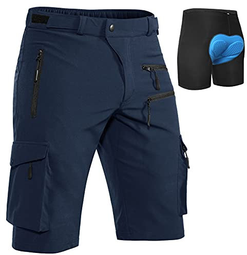 Hiauspor MTB-Hose-Herren-Kurz-Radhose-Fahrradhose-Herren Schnelltrocknend Mountainbike Hose Atmungsaktiv Radlerhose Wanderhose Cargo Trekking Bermuda für Outdoor (Dunkel Marineblau mit Unterwäsche, M)
