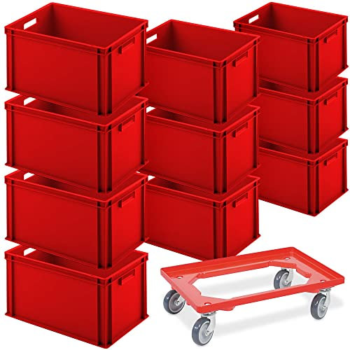 BRB 10 Euroboxen, LxBxH 600 x 400 x 320 mm, rot + 1 Transportroller