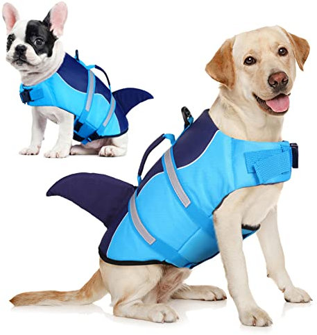 AOFITEE Schwimmweste Hund Große, Hundeschwimmweste Hai für Schwimmen, Hohe Flotation Rettungsweste mit Rettungsgriff und Reflektorstreifen für Kleine, Mittlere, Große Hunde, Blau XL