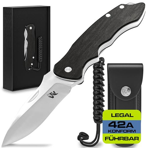 Wolfgangs FEROX Zweihandmesser Klappmesser aus feinstem D2 Stahl und Ebenholz-Griff - Legale mitführbares Taschenmesser Klappmesser - Outdoor Survival Messer - Klappmesser Outdoor + Leder Holster