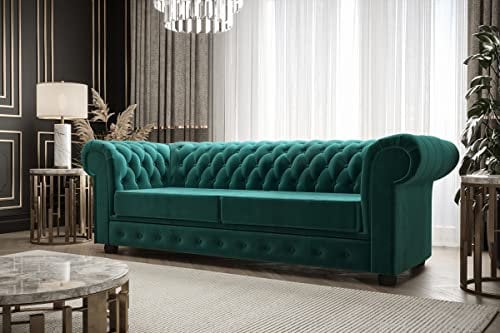 Chesterfield-Sofa mit Schlaffunktion | 3-Sitzer Couch mit Holzfüßen | Manchester III 218 cm