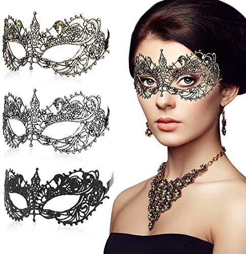Sibba 3 Stück Venetianische Maskerade Maske Sexy Lace Augenmaske Spitze Maske Halloween Cosplay Kostüm Karneval Party Abend Abschlussball Fasching Gesichtsmaske für Damen Mädchen (Gold Schwarz Silber)