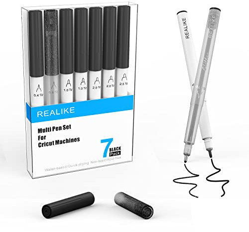REALIKE Schwarze Stifte für Cricut Maker 3/Maker/Explore 3/Air 2/Air Kalligraphie Glitter Gel Stil 7 StiftVariety Spitzen Größe 0.4 Fine Point Tip 1.0/2.0/2.5 für Zeichnung