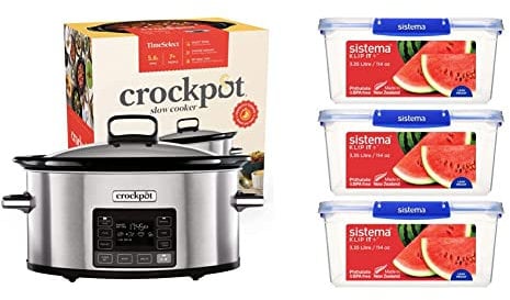 Crockpot TimeSelect Digital Slow Cooker and 3 Sistema KLIP IT PLUS 3.35L Food Storage Containers