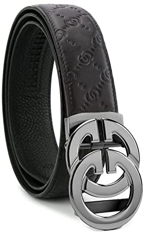 KLWINO Herrengürtel aus weichem Leder mit automatischer Schnalle und Ratsche, verstellbare Länge, Prägung: Schwarz, Schwarz, 20-44W