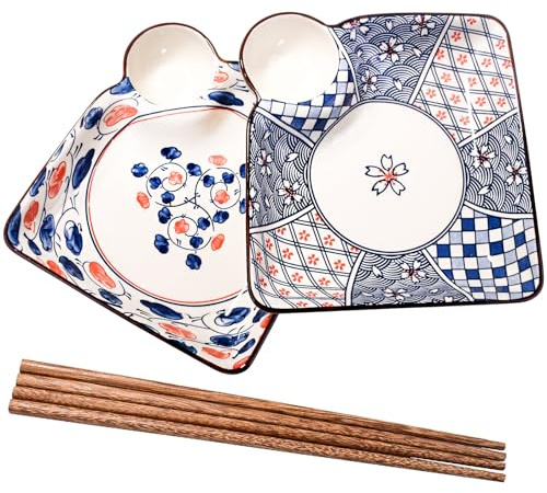 Swlthwen Japanese Style Sushi Dumpling Plate Set of 2 Ceramic 7 Inch Gyoza Snack Plates with Vinegar Dish and 2 Pair Chopstick (color A)