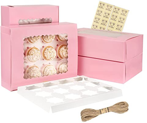 Califee 10 Pack Cupcake Boxes - 12 Holes, Pink Bakery Boxes with Window and Inserts for Muffins, Small Cakes, Cupcakes, Pastries and Cookies