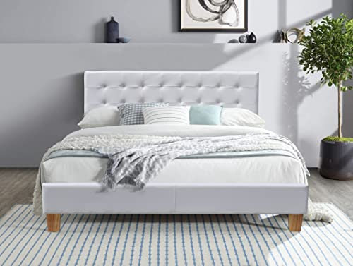 King of Dreams Frederic - Solide et Confortable Lit avec Sommier + Tête de Lit Capitonnee Couleur Blanc + Pieds en 10 cm pour Matelas en 120x190-13 Lattes - revetement PVC Simili - Montage Rapide