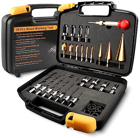 34 Pcs Woodworking Chamfer Drilling Tools Including 6 Countersink Drill Bit Set, 7 Countersink Drill Bit, 8 Plug Cutters for Woodworking, ZORUNNA 3 Step Drill Bit and 8 Drill Stop Bit Collar Set.