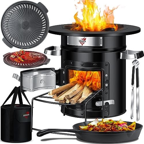 KESSER® Forno a razzo con padella in ghisa, piastra per barbecue, pinza per barbecue e borsa per il trasporto | Dutch Oven BBQ Razzo, forno a legna da campeggio, per esterni, in acciaio inox, nero