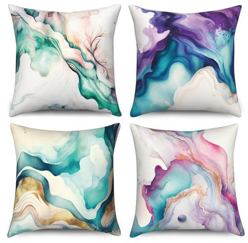 Uiiooazy Housse Coussin Vert Turquoise, Taie Oreiller Effet Marbre Rose Poudré Abstrait Housse de Coussin Velours Taie d'oreiller Carré Housse Coussin pour Lit Salon Masion Chambre, Lot de 4, 50x50cm