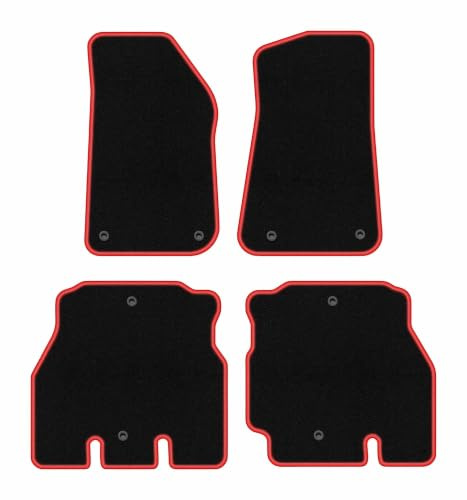 Velours-Fußmatten passend für Jeep Wrangler JL 2018-2023, Schwarz-Rot | passend für 5-türig; Velours-Teppich (Polypropylen), ca. 6,5 mm; rutschfest, Druckknöpfe 16 mm