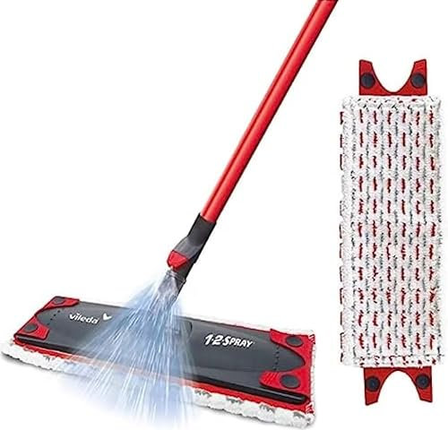 Vileda 1-2 Power Spray Mop & Extra Head Effortless Floor Cleaning with Microfiber Technology Suitable for All Hard Floor Types Includes Refillable Reservoir for Customized Cleaning Solutions - Red