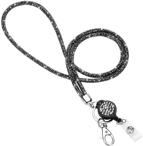 Soleebee Kartenhalter Trageband, Bling Strass Schlüsselband Lanyard mit Schlüsselring Kristall Halsband Damenkette Halskette Kit für Schlüsselanhänger ID-Kartenhalter (Dunkelgrau mit Ausweis JoJo)
