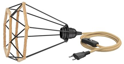 ledscom.de Käfig-Leuchte, schwarz mit Hanf, 200mm Ø, Hanfkabel LEKA, Stecker, Schalter und E27 Fassung, 3 m
