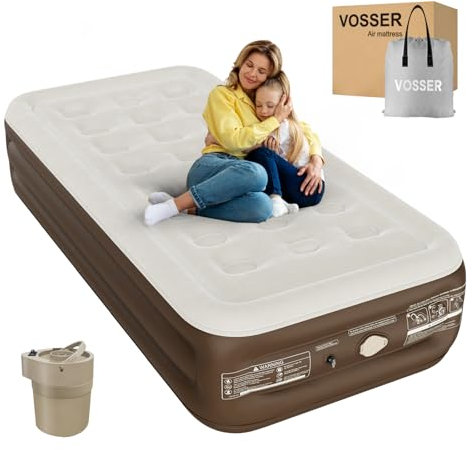 VOSSER - Materasso ad aria singola con pompa integrata, materasso gonfiabile con piano floccato, materasso facile e veloce con borsa di stoccaggio, letto ad aria di lusso per la casa, campeggio e