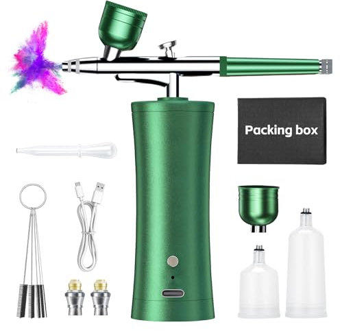 Juego De Aerógrafo, Kit De Aerógrafo, Mini Aerógrafo Set, Portátil Con Compresor Aerógrafo Recargable Para Uñas, Pintura De Modelos, Pasteles, Maquillaje Tatuajes Y Pintura Facial (Verde)