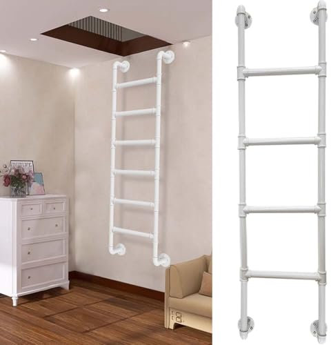 4/5/6/7/8/9 Fuß Dachbodentreppe Notausstiegsleiter für Fensterschacht, an der Wand montierte Schmiedeeisen-Hochbettleiter,Trittleiter aus weißem Metall für Schlafsäle, Schlafzimmer, Apartments, Balkon