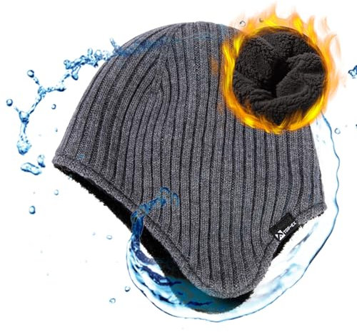 TOP-EX Cache-oreilles surdimensionné XL/XXL en mélange de laine mérinos imperméable Bonnet doublé en polaire Bonnet d'hiver, gris, XL-XXL