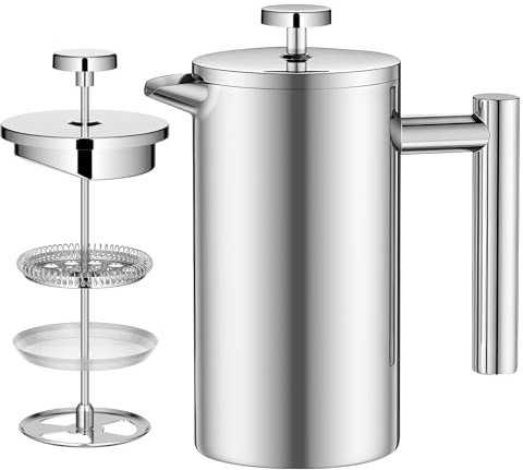 Sampoes Cafetière à Piston 1000mL, French Press en Acier Inoxydable, Double Paroi Cafetiere avec Filtre 3 Couches, Cafetière Pression Idéal pour Maison, Voyage, Camping, Argent