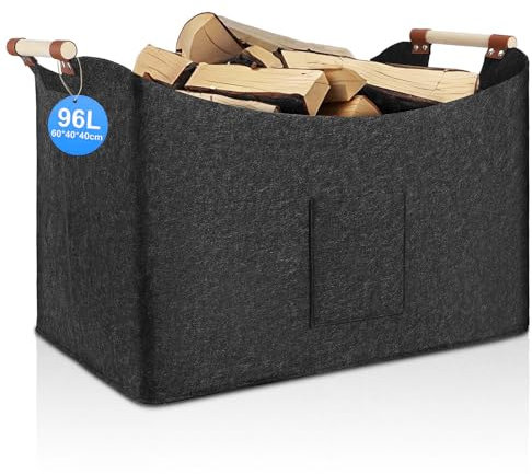 96L Foldable Firewood Basket, Firewood Basket, Felt Basket, Extra Thick Felt, Wood Basket for Firewood, Reinforced Handle, for Shopping, Wood, Newspaper or Firewood (Dark Grey)