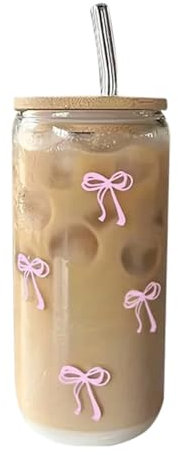Huipalon Pink Bow Glass Cup Set With Wood Lid and Straw, 16 Oz Cute Coffee Cups, Aesthetic Transparent Cups, Gifts for Women Girls Friends