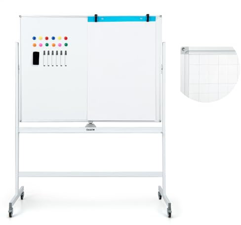 FANTASK Doppelseitiges mobiles Whiteboard, 120 x 90 cm, Trocken abwischbares magnetisches Whiteboard mit Gittermuster, Rollen, Ständer und Stiftablage, inkl. Zubehör für Büro, Zuhause (Weiß)