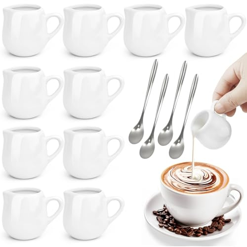 Ferenando 10 Pieza Mini Lechera Porcelana 50ml/1.7oz con Asa & Cucharas, Blanco Jarra Leche Microondas, Jarra para Leche Pequeña para Leche, Café, Mantequilla, Salsas y Siropes, Jarrita Leche