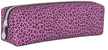 Tcoay Federmäppchen, tragbar, zylindrisch, mit Reißverschluss, Kosmetiktasche aus Leder,Leopardenmuster Fuchsie Rosa