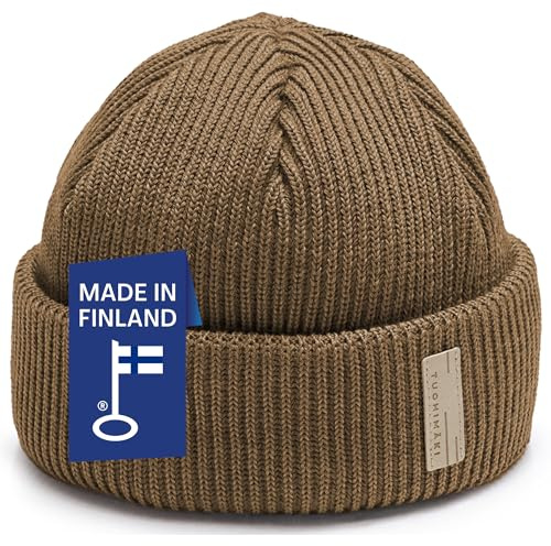 TUOHIMÄKI Fisherman Beanie Beige Herren Damen – 100% Mulesingfreie Merinowolle – Docker Mütze Sandfarben Naturfarben – Warme Wintermütze One Size Made in Finland
