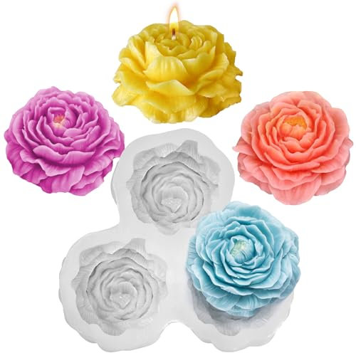 ZQYSING Molde de vela de peonía para hacer velas, moldes de silicona de flores de 3 cavidades para resina epoxi, cera de jabón, arcilla, yeso, velas, manualidades, fundición, decoración del hogar
